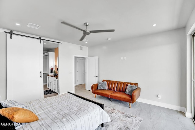 525 Cotton Blossom Ave, El Paso, TX 79922 - bedroom with a barn door, recessed lighting, and a ceiling fan