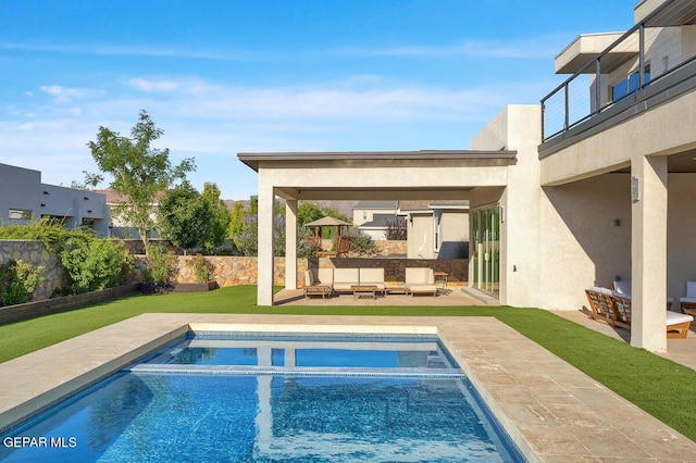 525 Cotton Blossom Ave, El Paso, TX 79922 - view of swimming pool with an outdoor hangout area, a patio, and a pool with connected hot tub