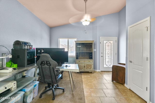 14605 Spanish Point Dr, El Paso, TX 79938 - home office with ceiling fan, vaulted ceiling, and light tile patterned floors
