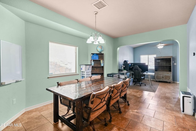 14605 Spanish Point Dr, El Paso, TX 79938 - dining room featuring arched walkways, a chandelier, a desk, and a ceiling fan