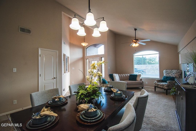 11344 Acoma St, El Paso, TX 79934 - dining area with a chandelier, a ceiling fan, carpet, and high vaulted ceiling
