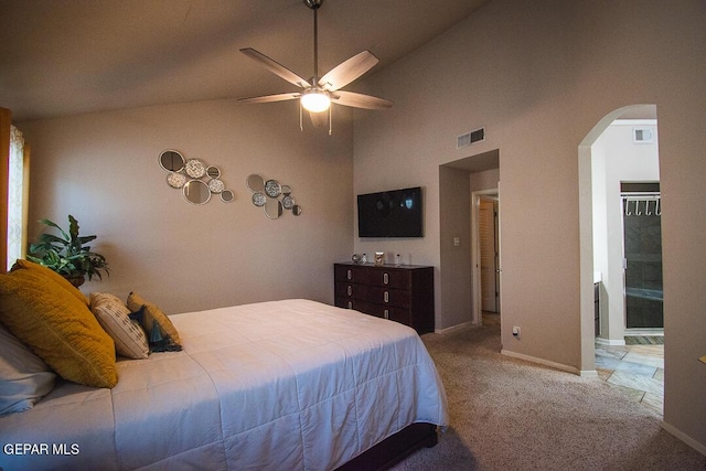 11344 Acoma St, El Paso, TX 79934 - bedroom with arched walkways, vaulted ceiling, carpet floors, and a ceiling fan
