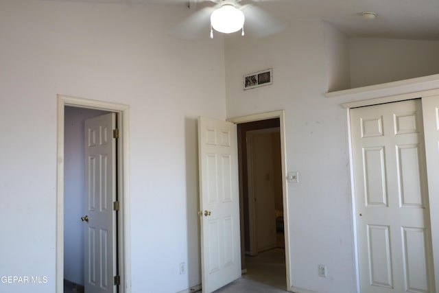 9421 Ariel Rico Ct, El Paso, TX 79907 - unfurnished bedroom featuring high vaulted ceiling, a ceiling fan, and a closet