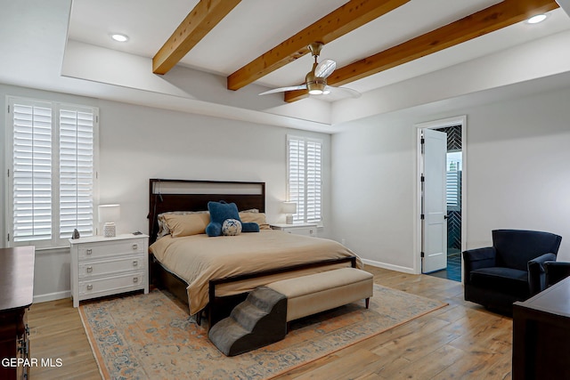 6328 Camino Nogal Dr, El Paso, TX 79932 - bedroom featuring beamed ceiling, light wood finished floors, recessed lighting, and a ceiling fan