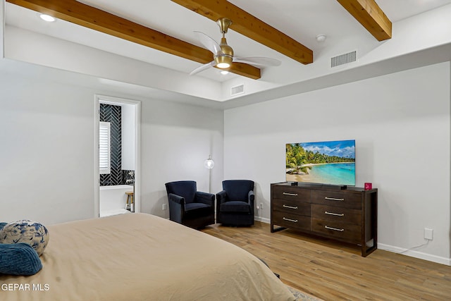 6328 Camino Nogal Dr, El Paso, TX 79932 - bedroom featuring beam ceiling, light wood-style floors, a ceiling fan, and connected bathroom