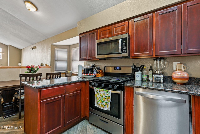 4728 Loma Grande Dr, El Paso, TX 79934 - kitchen with stainless steel appliances, a peninsula, dark brown cabinets, a textured wall, and dark stone countertops