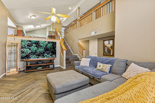 4728 Loma Grande Dr, El Paso, TX 79934 - living room featuring stairway, a ceiling fan, and lofted ceiling