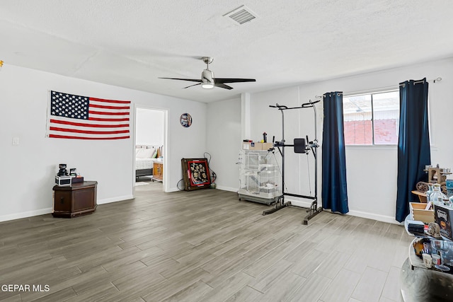 9128 Diana Dr, El Paso, TX 79924 - workout room with ceiling fan, wood finished floors, and a textured ceiling
