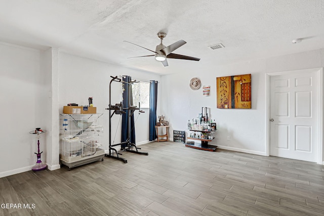 9128 Diana Dr, El Paso, TX 79924 - workout area with a ceiling fan, wood finished floors, and a textured ceiling