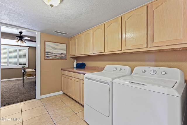 796 Fescue Dr, Canutillo, TX 79835 - laundry room featuring independent washer and dryer, cabinet space, ceiling fan, light tile patterned flooring, and a textured ceiling