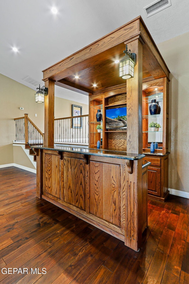 796 Fescue Dr, Canutillo, TX 79835 - bar with dark wood finished floors, stairs, and recessed lighting