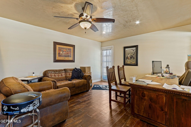 796 Fescue Dr, Canutillo, TX 79835 - home office featuring ceiling fan, dark wood-style floors, and a textured ceiling