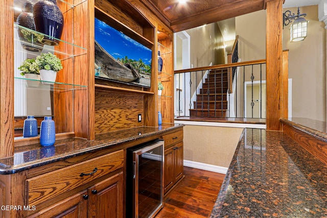 796 Fescue Dr, Canutillo, TX 79835 - indoor bar featuring wine cooler, dark wood finished floors, and stairway