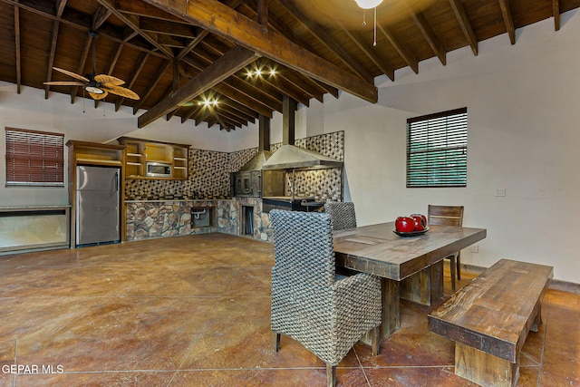 796 Fescue Dr, Canutillo, TX 79835 - dining space featuring ceiling fan, a wood ceiling with exposed beams, and high vaulted ceiling
