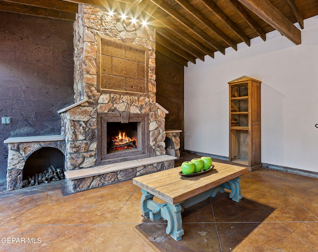 796 Fescue Dr, Canutillo, TX 79835 - living area with a fireplace and wooden ceiling