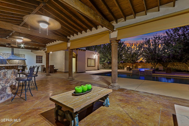 796 Fescue Dr, Canutillo, TX 79835 - patio terrace at dusk with a patio and a pool with connected hot tub