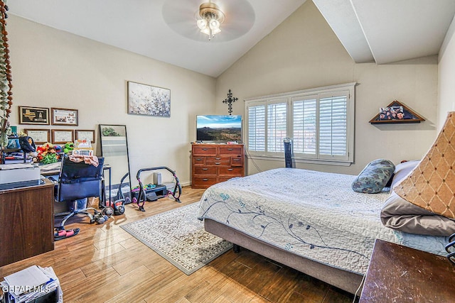 7366 Luz De Dia Ct, El Paso, TX 79912 - bedroom with wood finished floors, a desk, high vaulted ceiling, and ceiling fan