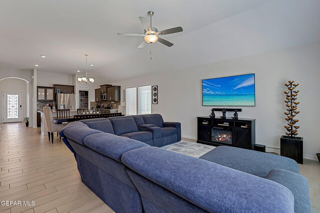 13860 Paseo Sereno Dr, El Paso, TX 79928 - living room with light wood-style floors, ceiling fan, a chandelier, and recessed lighting