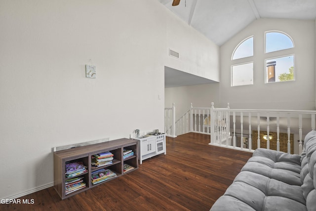 5713 Saplinas Rd, El Paso, TX 79932 - living area featuring ceiling fan, hardwood / wood-style flooring, and high vaulted ceiling