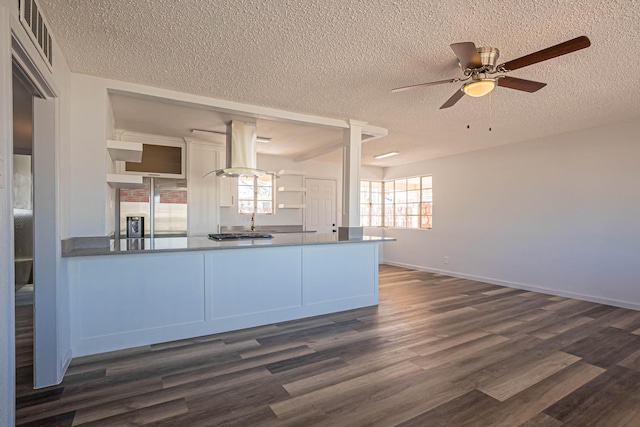 1400 Elmhurst Dr, El Paso, TX 79925 - kitchen with stainless steel fridge, island range hood, a textured ceiling, dark wood-style floors, and a ceiling fan