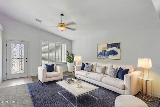 12469 Lanchester Dr, El Paso, TX 79928 - tiled living area with a ceiling fan and lofted ceiling