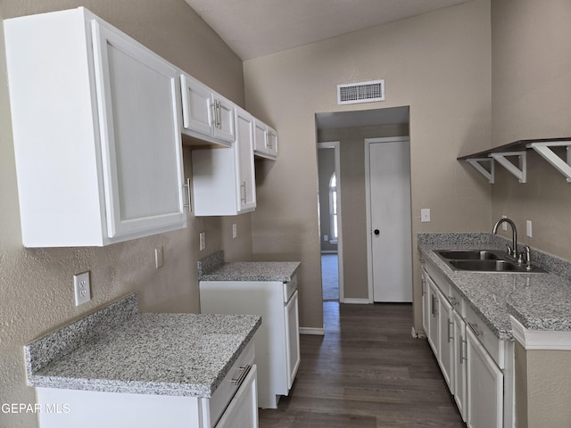 1607 Gene Torres Dr, El Paso, TX 79936 - kitchen featuring dark wood-style flooring, white cabinets, and light stone countertops