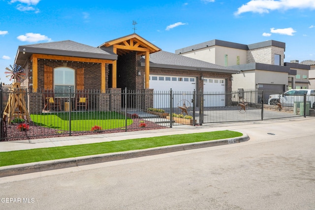 14516 Ciambriello Ave, El Paso, TX 79938 - view of front facade with a garage, brick siding, driveway, a fenced front yard, and a gate