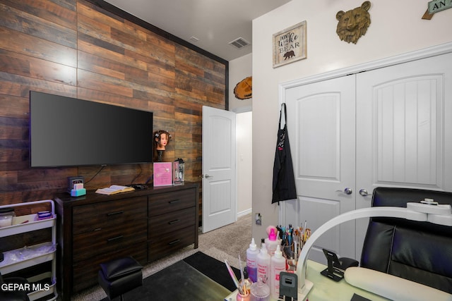 14516 Ciambriello Ave, El Paso, TX 79938 - carpeted bedroom with a desk, wooden walls, and a closet