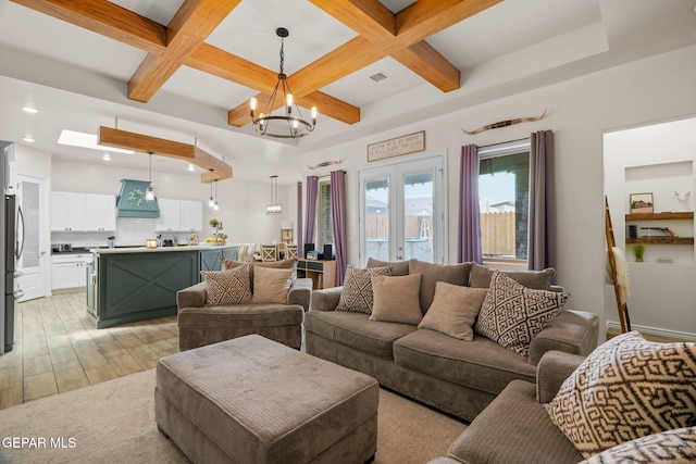14516 Ciambriello Ave, El Paso, TX 79938 - living room featuring coffered ceiling, a chandelier, recessed lighting, beam ceiling, and light wood finished floors