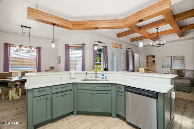 14516 Ciambriello Ave, El Paso, TX 79938 - kitchen with dishwasher, green cabinetry, coffered ceiling, open floor plan, and a chandelier