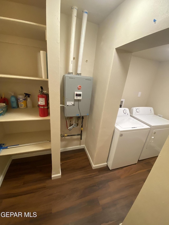 10356 Preston Dr, El Paso, TX 79924 - washroom featuring independent washer and dryer, wood finished floors, and water heater