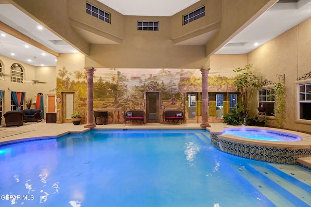 605 Meadow Willow Dr, El Paso, TX 79922 - view of swimming pool featuring a pool with connected hot tub, an outdoor hangout area, a ceiling fan, and a patio area