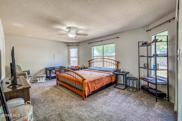 10937 Acoma St, El Paso, TX 79934 - bedroom featuring multiple windows, carpet, a textured ceiling, and a ceiling fan
