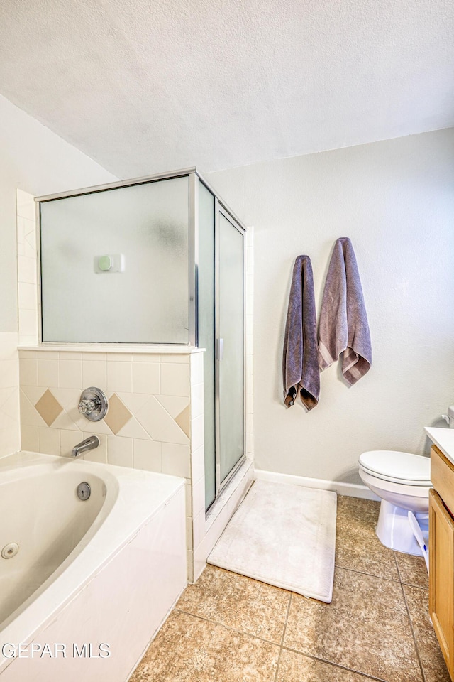 10937 Acoma St, El Paso, TX 79934 - full bathroom with vanity, a bath, a shower stall, tile patterned floors, and a textured ceiling