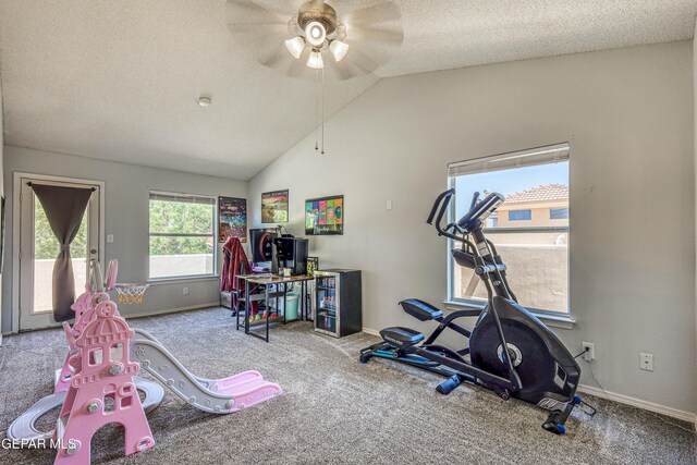 10937 Acoma St, El Paso, TX 79934 - workout room with ceiling fan, carpet floors, a textured ceiling, and vaulted ceiling