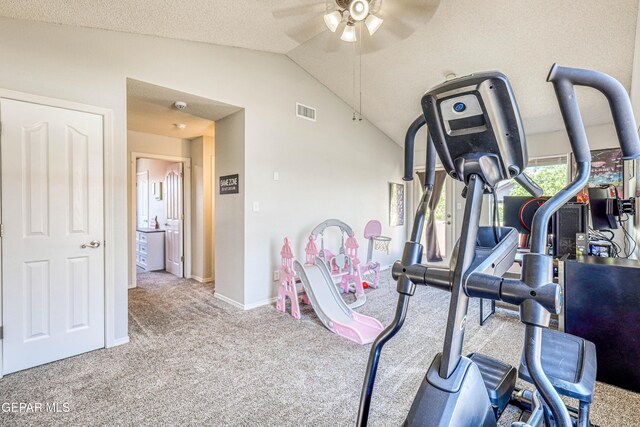 10937 Acoma St, El Paso, TX 79934 - exercise room with a ceiling fan, lofted ceiling, and carpet floors