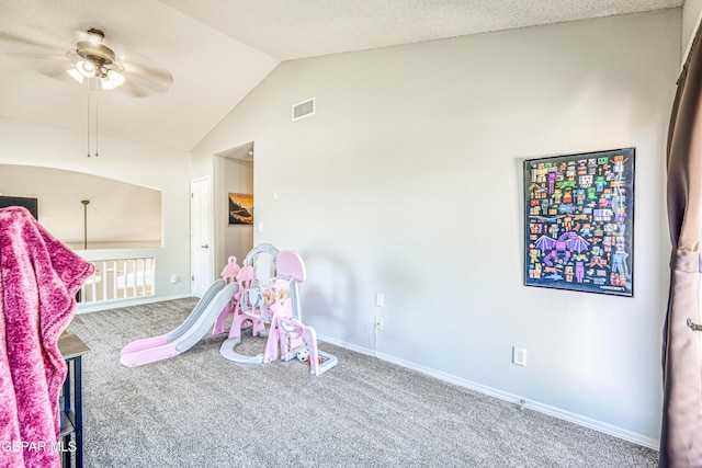 10937 Acoma St, El Paso, TX 79934 - rec room featuring ceiling fan, lofted ceiling, and carpet