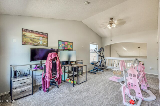10937 Acoma St, El Paso, TX 79934 - recreation room featuring a ceiling fan, carpet, lofted ceiling, and a textured ceiling