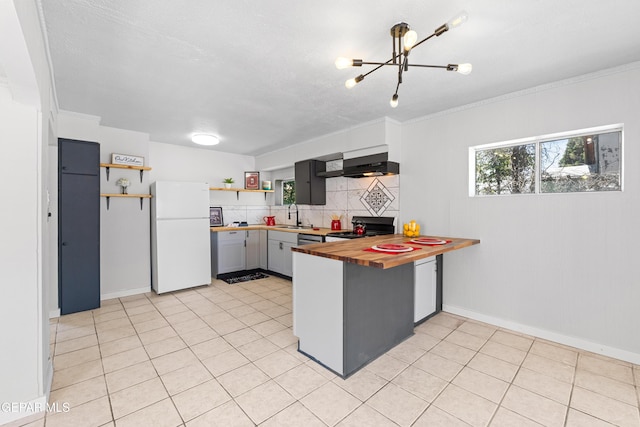 5656 Dailey Ave, El Paso, TX 79905 - kitchen with freestanding refrigerator, open shelves, a peninsula, range, and wooden counters
