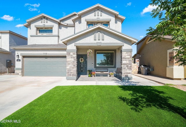 10625 Hidden Links Pl, El Paso, TX 79924 - view of front of property with stucco siding, a garage, stone siding, concrete driveway, and a front yard