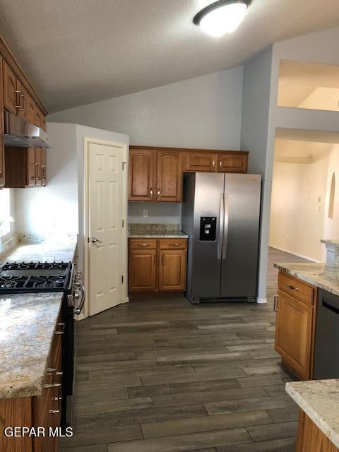 6392 Franklin Gate Dr, El Paso, TX 79912 - kitchen with stainless steel appliances, under cabinet range hood, vaulted ceiling, dark wood finished floors, and light stone counters