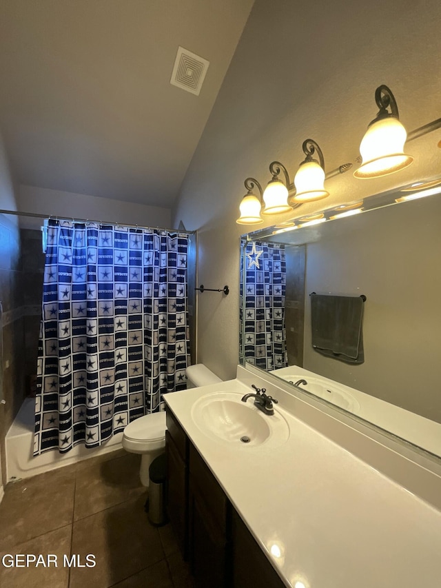 12000 Stansbury Dr, El Paso, TX 79928 - full bathroom featuring lofted ceiling, vanity, tile patterned floors, and shower / bath combo
