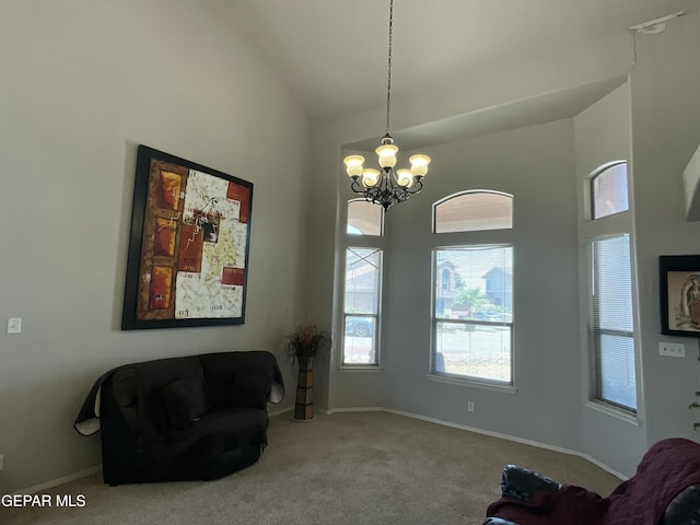 12000 Stansbury Dr, El Paso, TX 79928 - sitting room featuring high vaulted ceiling, a chandelier, and carpet