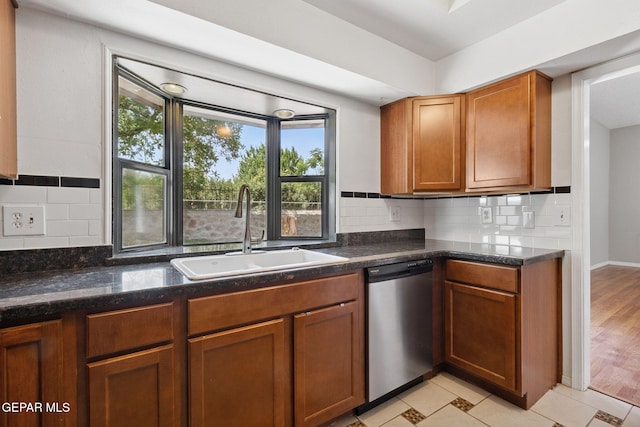 5536 Fernwood Cir, El Paso, TX 79932 - kitchen featuring stainless steel dishwasher, brown cabinetry, and decorative backsplash