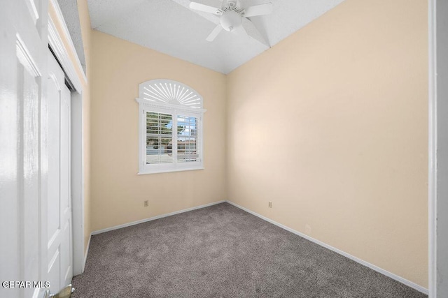 11984 Manuel Acosta Dr, El Paso, TX 79936 - unfurnished bedroom with carpet flooring, lofted ceiling, a closet, and a ceiling fan