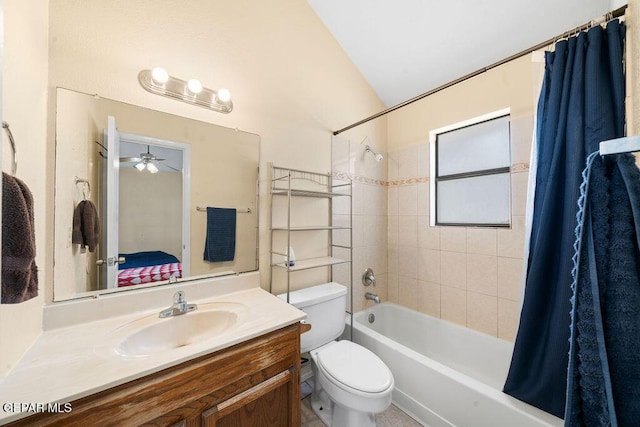 11984 Manuel Acosta Dr, El Paso, TX 79936 - bathroom with shower / tub combo, vanity, lofted ceiling, and a ceiling fan