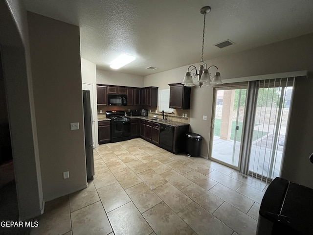 14428 Johnny Mata Dr, El Paso, TX 79938 - kitchen featuring black appliances, a chandelier, dark brown cabinets, decorative light fixtures, and light tile patterned floors
