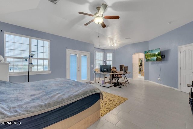 3165 Destiny Point Dr, El Paso, TX 79938 - bedroom featuring french doors, arched walkways, a ceiling fan, an office area, and access to exterior