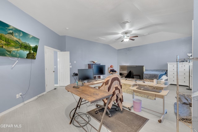 3165 Destiny Point Dr, El Paso, TX 79938 - office area with vaulted ceiling, a ceiling fan, and carpet