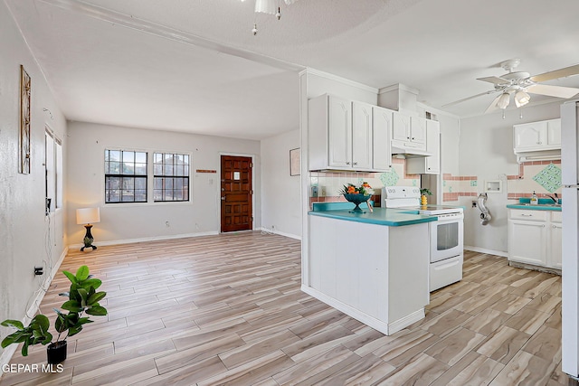 4330 Frankfort Ave, El Paso, TX 79903 - kitchen with white range with electric cooktop, a ceiling fan, white cabinets, and light wood-style flooring